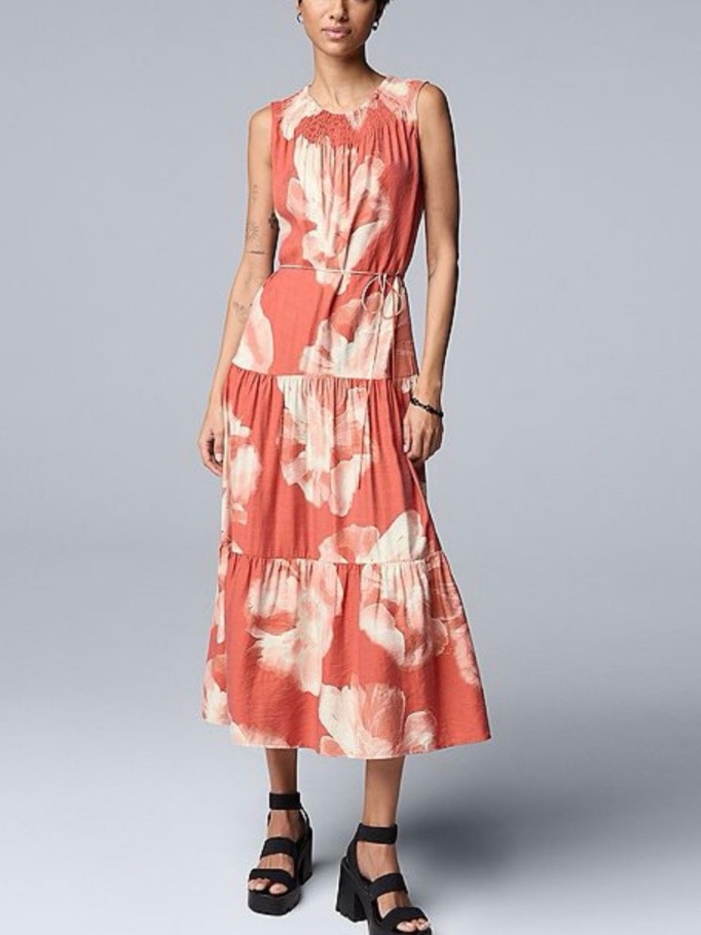 Simply Vera Vera Wang Floral Tiered Terracotta & White Maxi Dress; NWT, Sz.S